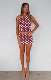 Late Nights Mini Skirt Burgundy Polka Dot