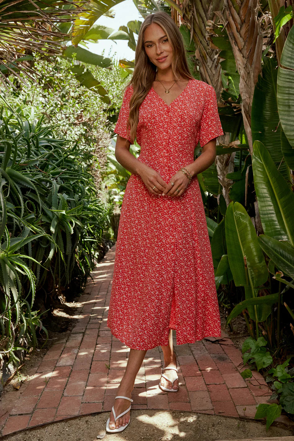Ember Floral Midi Dress in Red