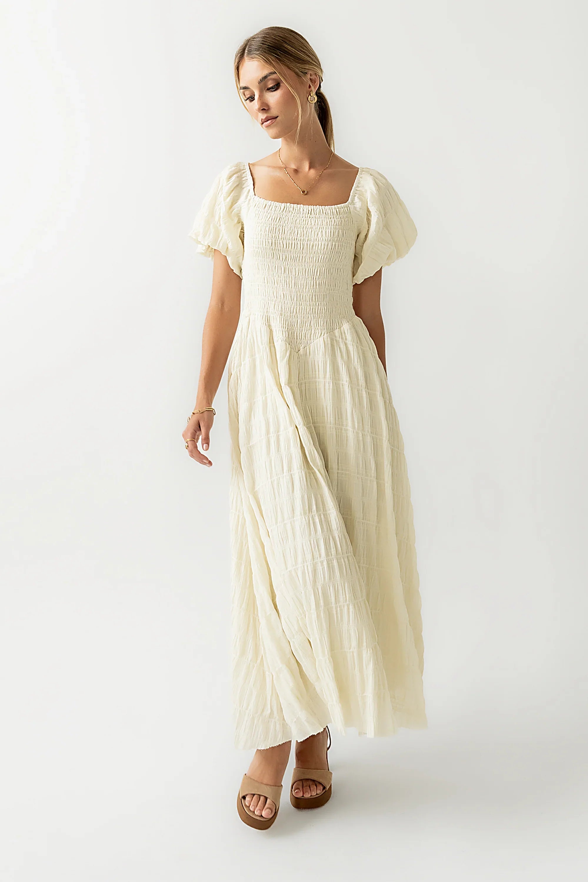 Beckie Smocked Maxi Dress in Off White