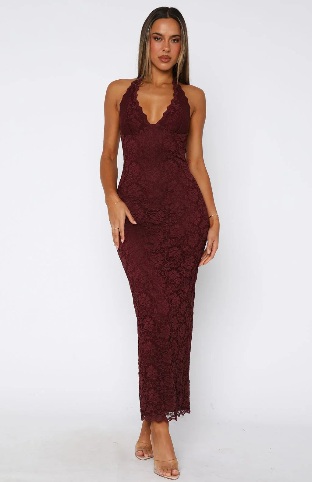 Destiny Lace Maxi Dress Burgundy