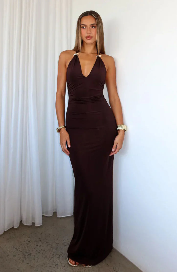 Waste A Moment Halter Maxi Dress Chocolate