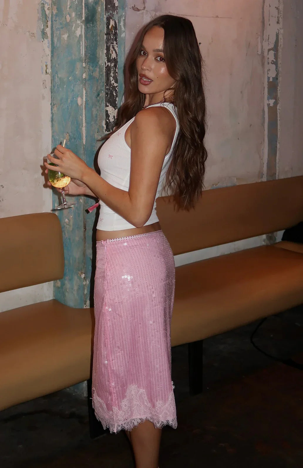 Whispered Promise Sequin Midi Skirt Candy Pink