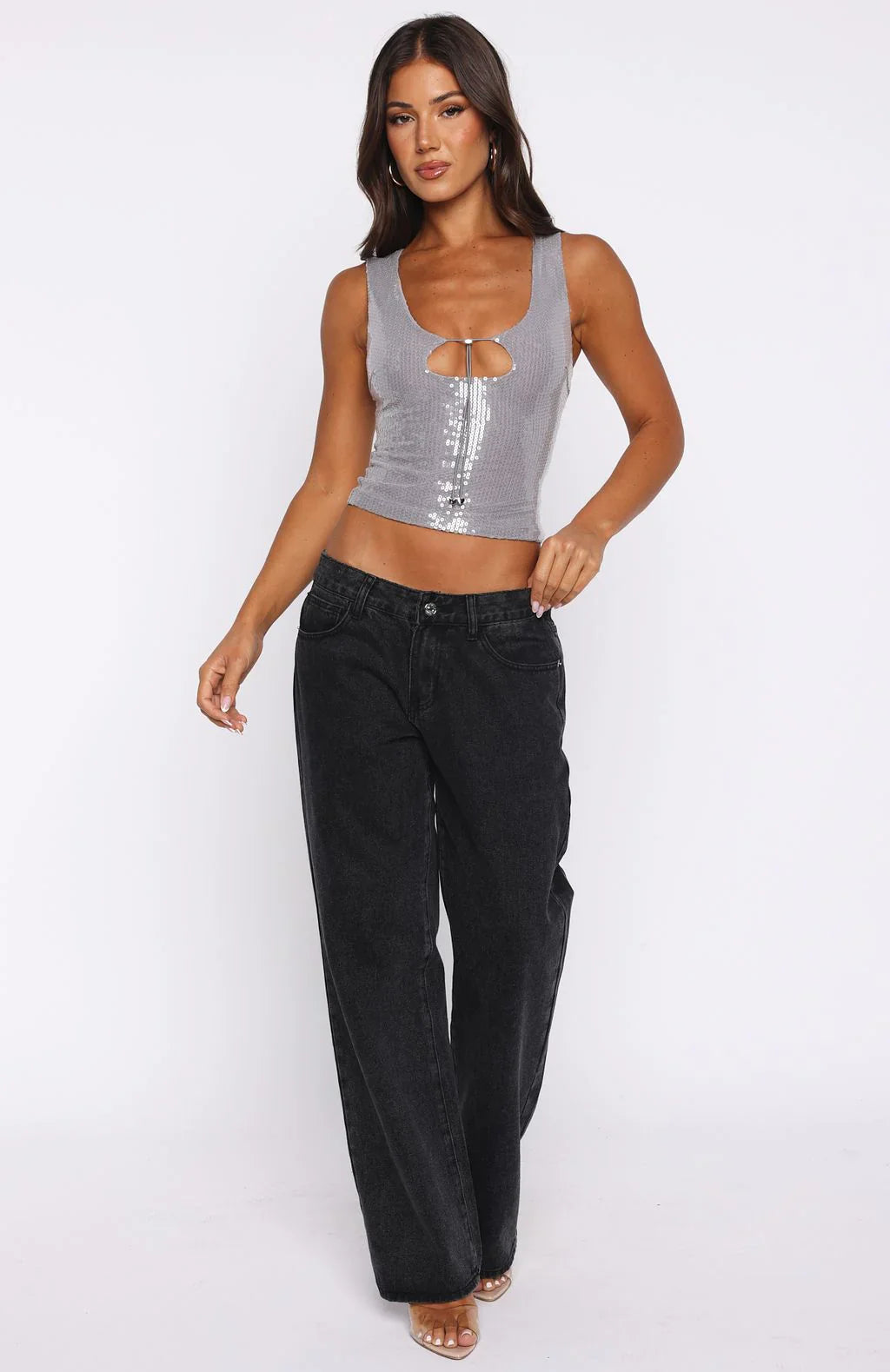 Nostalgic Nights Sequin Top Smoke