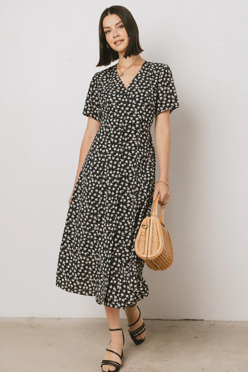 Malik Floral Midi Dress in Black